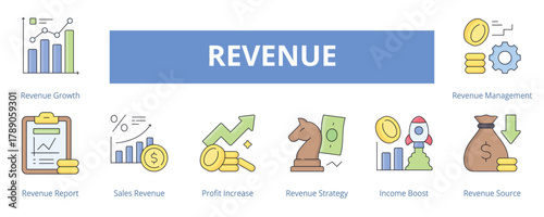 Revenue Lineal Color Banner Web Icon Set Vector Illustration