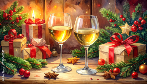 Christmas celebration with wine and gifts. Cozy holiday evening with wine. Festive table with candles and presents. Christmas decor and golden wine glasses. Holiday cheer with gifts and candles
