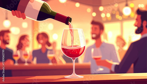 Pouring red wine at elegant social gathering. Celebration moment with fine red wine and friends. Close-up of red wine pour in festive evening. Elegant dinner party with glass of red wine