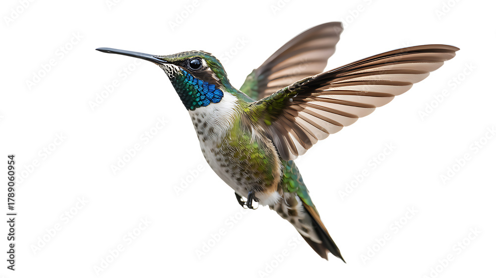 Fototapeta premium Close up of a vibrant hummingbird in flight with wings spread wide against a stark black background