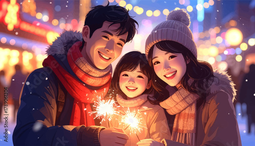 Happy Asian family with sparklers in winter night. Warm holiday moments with family and lights. Cheerful parents and child enjoying festive night. Joyful winter celebration with sparkling lights