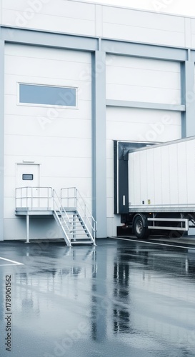 Loading dock with a semitrailer truck parked at a warehouse entrance on a rainy day