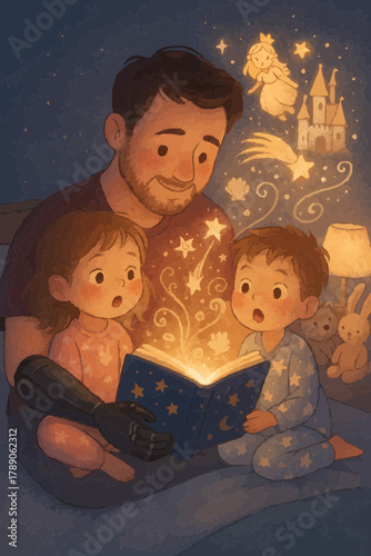 Father with Prosthetic Arm Reading Bedtime Story to Children