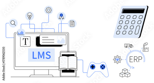 LMS on a computer screen, book, calculator, ERP icons, and game controller. Ideal for education, business management, e-learning, automation process optimization technology and gaming themes