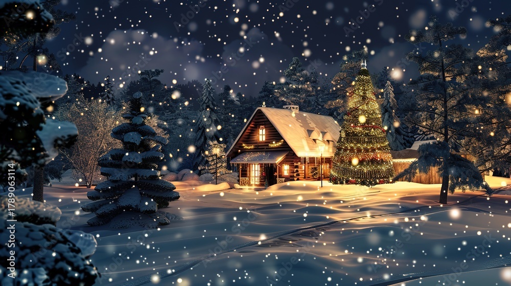 Fototapeta premium Winter_night_warm_light_Christmas_residence