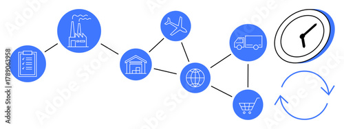 Chain of icons showing industrial factory, warehouse, air delivery, truck, globe, shopping cart, clock, and cycle arrows. Ideal for logistics supply chain production time management global trade