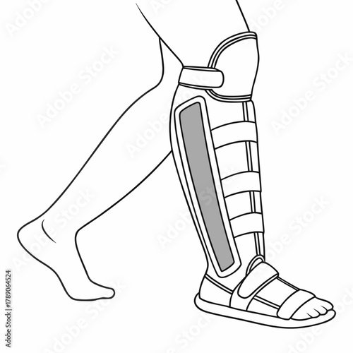 Line Art Illustration of Human Leg Wearing Medical Brace and Foot Support rehabilitation