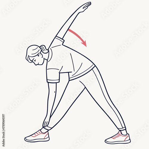 Woman Performing Triangle Pose Yoga Stretch With Red Arrow stretching exercise