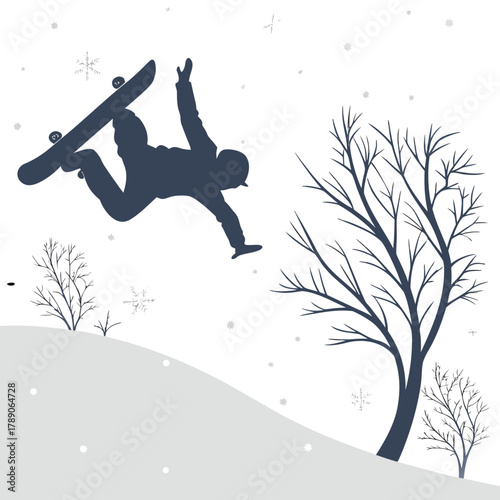 Snowboarder Performing a Trick in Snowy Landscape with Bare Trees snowboarding winter sport