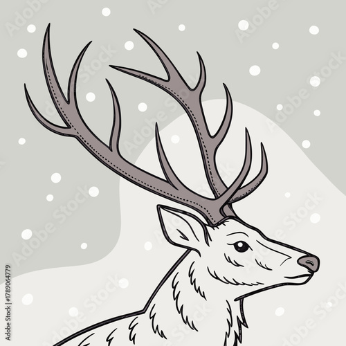 Close-up illustration of a deer's head with antlers in falling snow stag animal