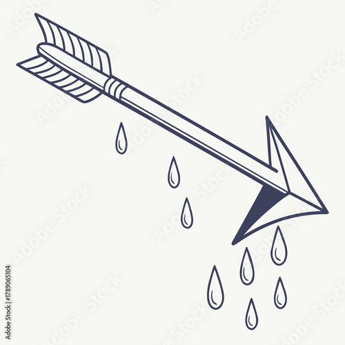 Arrow with dripping water drops on white background liquid