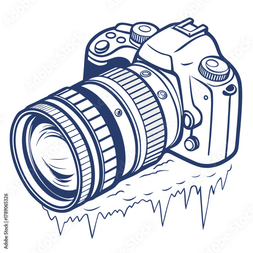 Digital Camera with Zoom Lens on Ice with Icicles DSLR photography