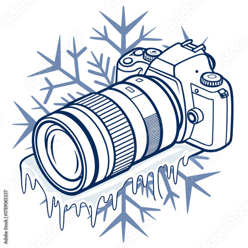 DSLR Camera on Ice with Icicles and Snowflakes DSLR photography