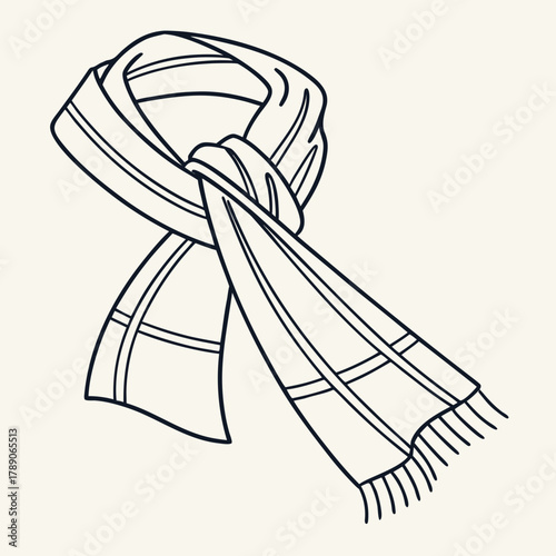 Knitted scarf with fringe and stripes in a simple line drawing winter clothing