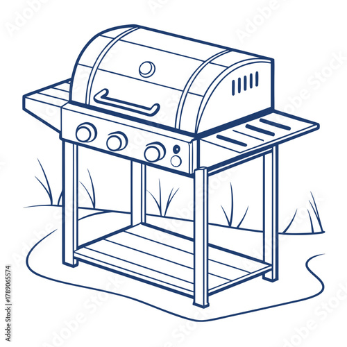 Line art illustration of a gas grill with shelves and a storage rack barbecue cooking