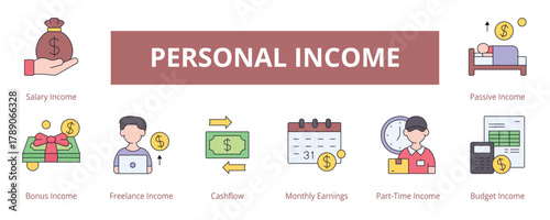 Personal Income Lineal Color Banner Web Icon Set Vector Illustration