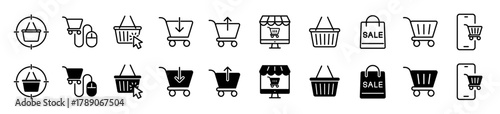 Shopping cart icon set. E-commerce and online purchase symbol. Vector illustration.