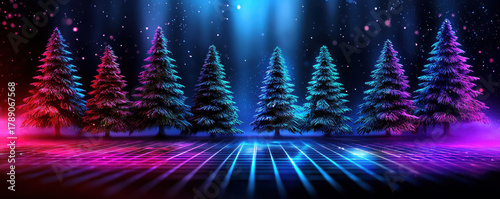 Christmas trees glow with vibrant neon lights on futuristic grid, creating festive and magical holiday atmosphere at night