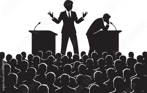 Public Debate or Argument with Dominant Female Speaker and Defeated Male Opponent, Silhouetted Against an Audience, Symbolizing Victory and Failure in Communication.