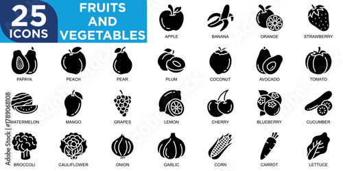 Fruits and Vegetables, fresh, tomato, fruit, vegetarian, vegetable, icon set. Outline icons collection. Simple vector illustration