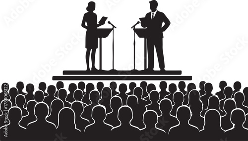  Public Debate or Political Speech Event with Silhouetted Speakers on Stage Addressing an Engaged Audience Under Spotlights