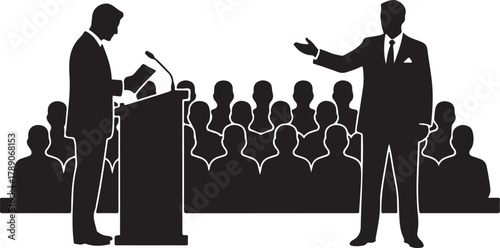 Public Speaking Event Silhouette with Presenter and Audience, ideal for Business Presentations, Conferences, or Debates.