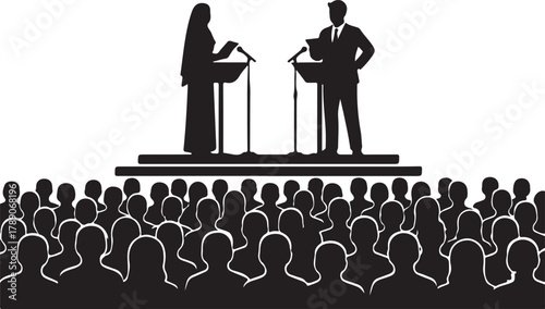  Silhouette illustration of a political debate or public speaking event, with a male and female speaker at podiums addressing an audience under spotlights, symbolizing discussion, election, or present