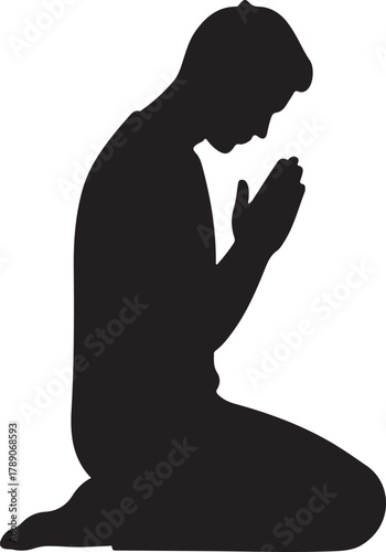 Silhouette of a person kneeling in prayer or deep contemplation, depicting spirituality, faith, and devotion on a clean white background