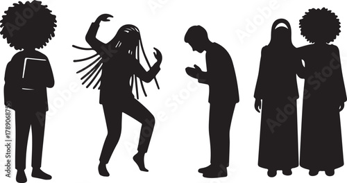 Silhouettes of diverse individuals representing multiculturalism, various beliefs, and personal expressions like dancing, studying, and praying