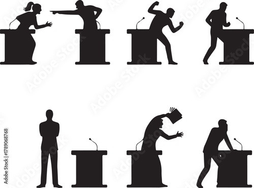 Silhouettes of Debaters and Speakers Dynamic poses showing aggressive arguments, passionate speeches, and firm stands at podiums, representing public speaking and heated discussions
