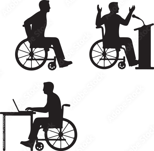  Silhouettes of wheelchair users engaged in different activities mobility, public speaking, and working on a laptop, representing independence, inclusion, and accessibility