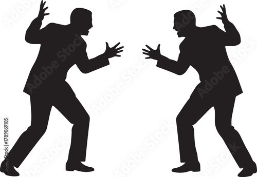 Two business men silhouettes in a heated argument, conflict, dispute, or confrontation, symbolizing disagreement, communication issues, or a power struggle