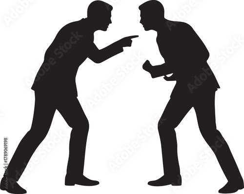 Two men in silhouette engaged in a heated argument or confrontation, symbolizing conflict, dispute, and communication breakdown in business or personal relationship