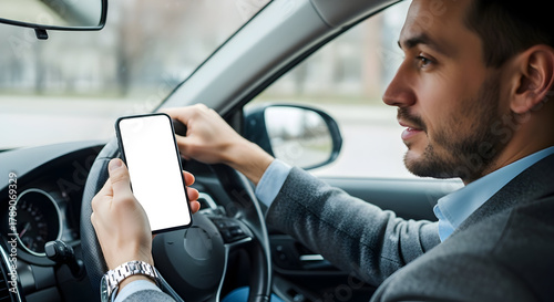 Handsome man in his car, using his mobile phone to navigate to his next destination, and making sure he arrives on time for his important meeting.