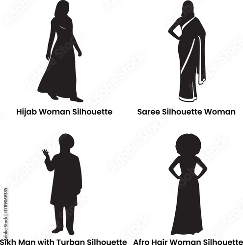 Diverse Cultural and Ethnic Silhouettes Collection Featuring Hijab Woman, Saree Woman, Sikh Man, and Afro Hair Woman Icons, Symbolizing Global Diversity and People