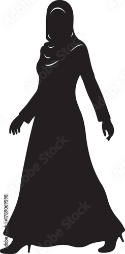 Elegant Silhouette of a Muslim Woman in Hijab and Abaya, Traditional Islamic Clothing, Walking Pose on White Background.