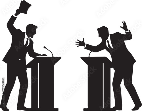  Heated Debate or Argument Silhouette Two Men in Suits at Podiums Engaged in Public Speaking, Confrontation, or Political Discussion