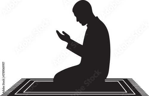 Muslim man praying on a prayer mat, a black silhouette illustrating Islamic worship, spirituality, and devotion in a traditional pose