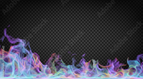 Vector iridescent flame border isolated on the transparent background. Concept of magical holographic fire.