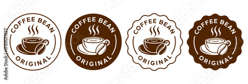 Coffee shop logo. Retro badge coffee bean and leaf branch with mountain natural icon line stamp logo vector design in vintage hipster modern style, premium coffee shop bar brand symbol icon.