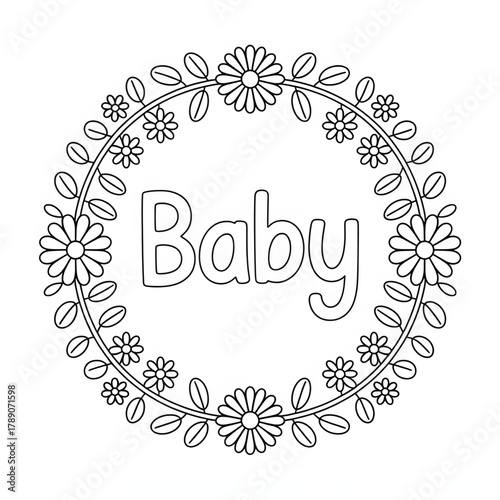 Baby art round frame with flowers coloring page 