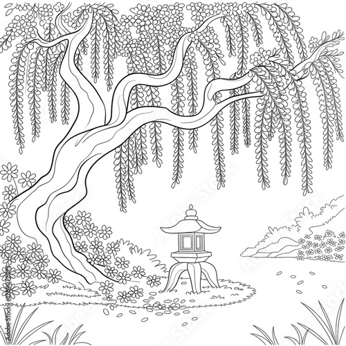 Traditional Japanese Garden Scene with Willow Tree and Lantern Coloring Page