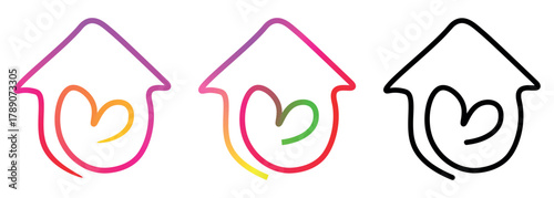 Abstract Home with Heart Symbol in Gradient Colors and Black Outline Representing Love Safety and Shelter