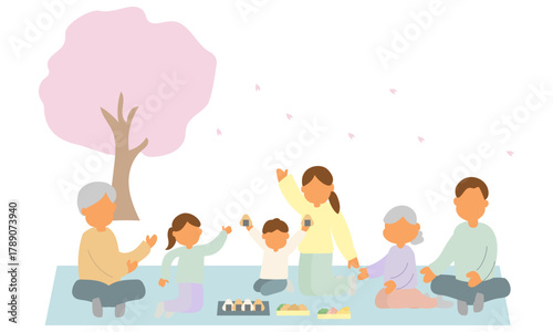 桜の木の下でお弁当を広げる三世代家族のイラスト
