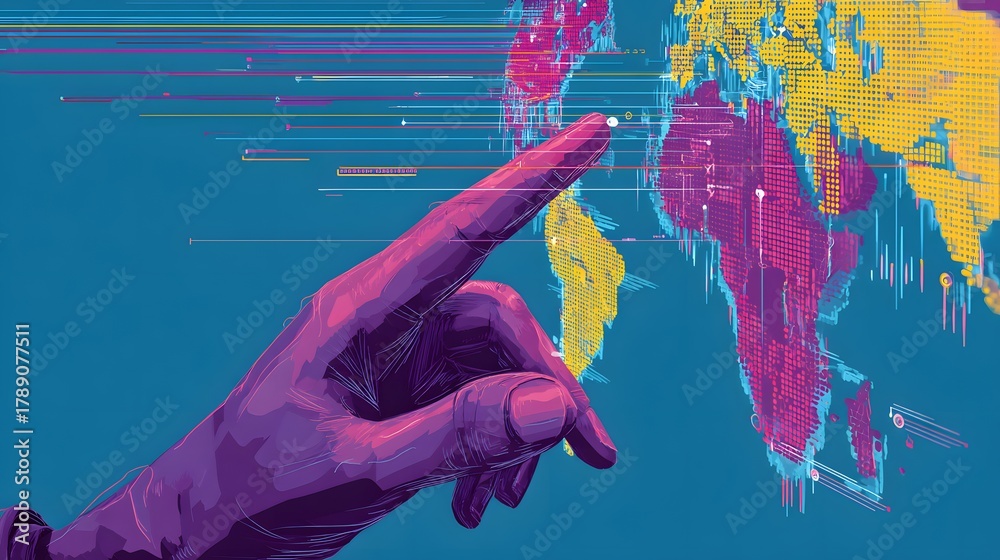 Obraz premium Abstract illustration depicts a hand with a pointing gesture, positioned in front of a world map graphic overlaid with lines and data points on a blue background.