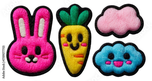 Colorful Cartoon Patches of Bunny, Carrot, Cloud on Transparent Background