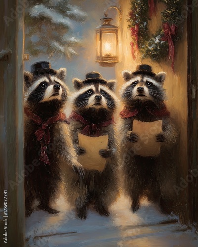 Three raccoons singing carols in winter night with lantern