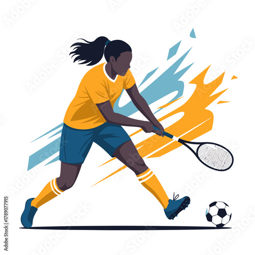 Dynamic female athlete plays tennis striking a soccer ball with energetic motion and vibrant abstract shapes