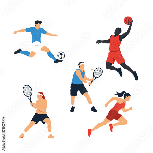 Dynamic athletes showcase sports action soccer basketball tennis running capturing peak athletic performance and healthy active lifestyles