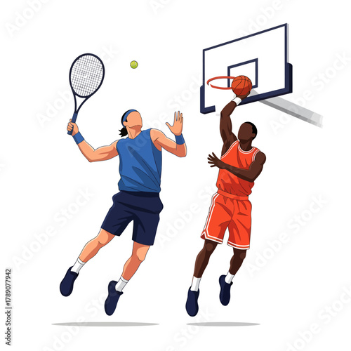 Dynamic athletes leap into action, one serving tennis, the other slam dunking basketball for thrilling competition and victory.
